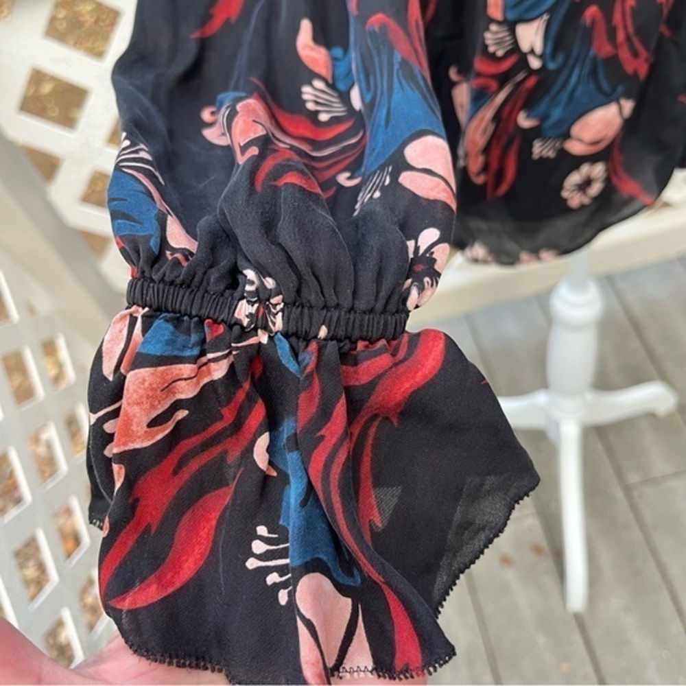 Joie Black Floral Silk Button Up Blouse Top Women Small Elastic Cuff Frill Lined - Picture 5 of 13